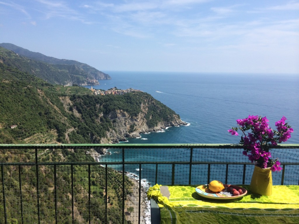 The balcony of my digs in Cinque Terre, Italy - the town in the distance is Corniglia.