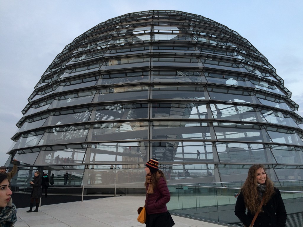 One of my favorite pictures I took on the trip: Nora, Emily, and Kate in front of the Reichstag dome.