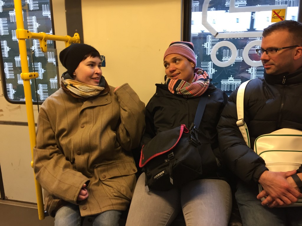 Chatting with Caroline F. and Patricio on the tram - whenever members of the group got too cold, Scott lent his jacket out to them. Much appreciated!