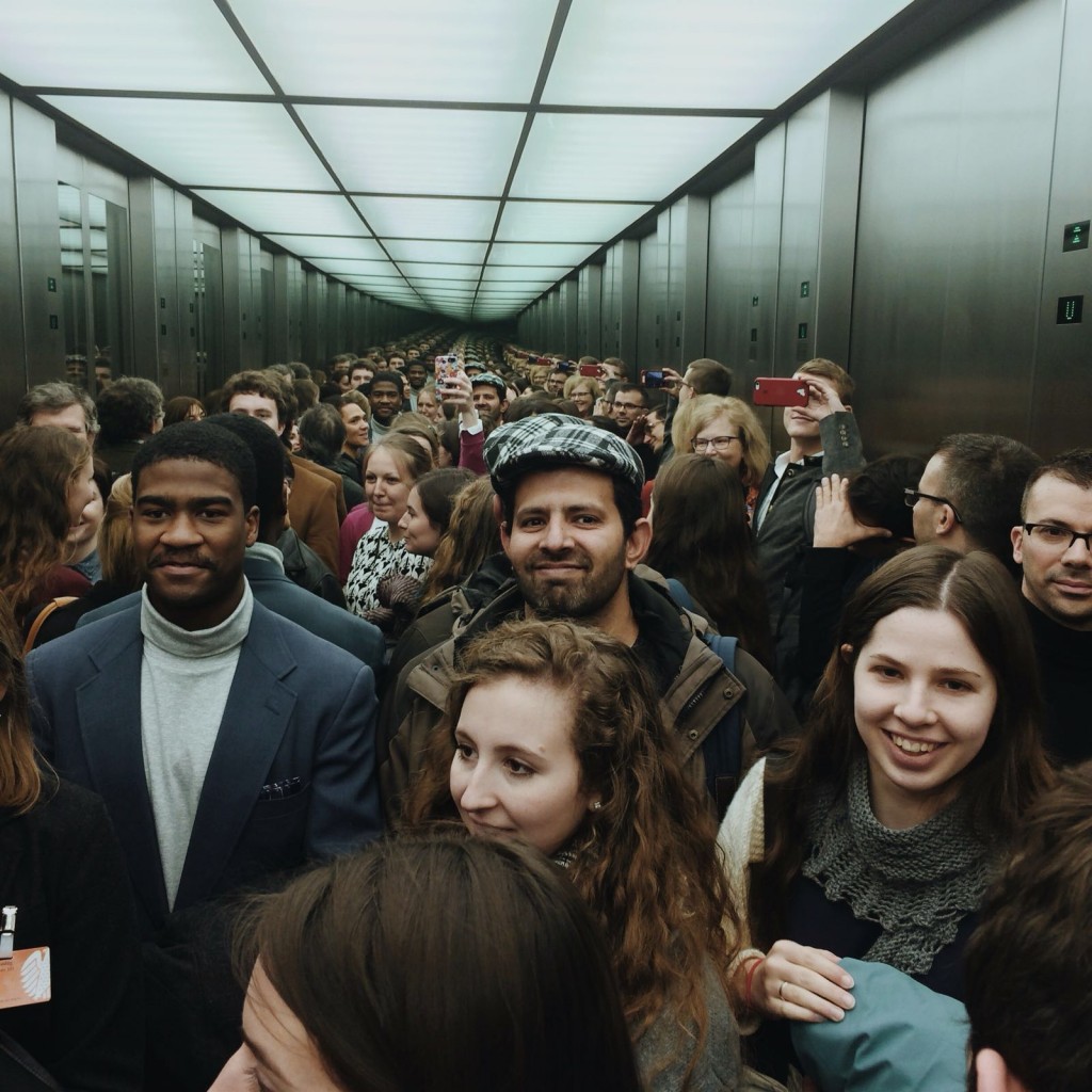 The group packed into a mirrored elevator in the Bundestag, on our way to the Green Party's conference rooms. When this image was shared on our class whatsapp group text, Caroline B. captioned it "Dr. Zamir caught smiling."