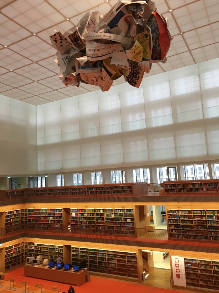 We visited the amazing Staatsbibliothek zu Berlin Haus Unter den Linden reading room, with this beautiful sculpture of gigantic newspapers. After our tour of the building, Michaela Schiebe gave us a lecture on Nazi looted books (picture by Alan Michael Parker).